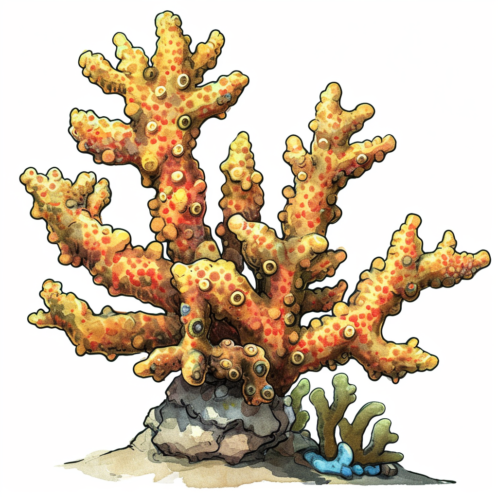 Orange Watercolor Coral Reef Clipart with White Background