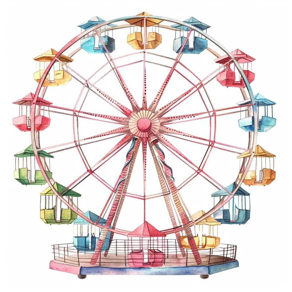 Vintage Watercolor Ferris Wheel Clipart with White Background