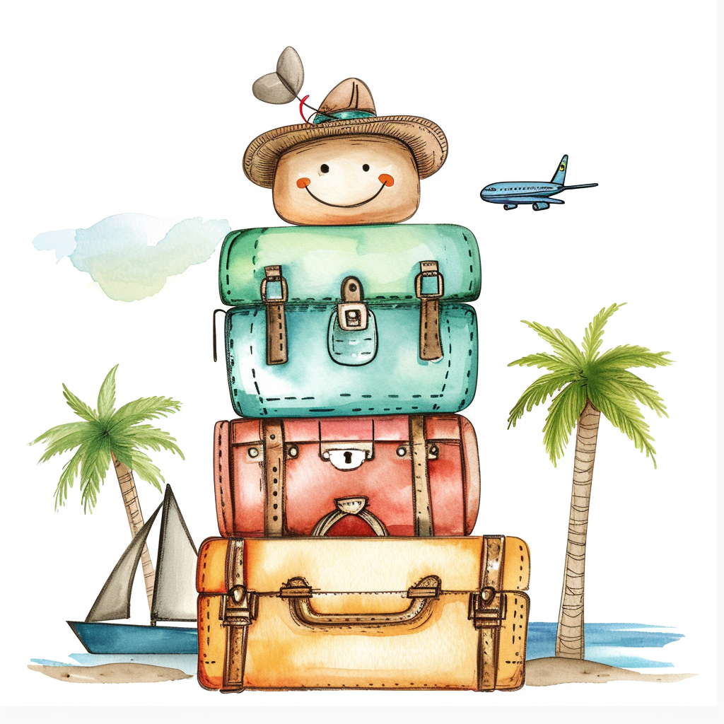 Vintage Luggage Watercolor Clipart with White Background