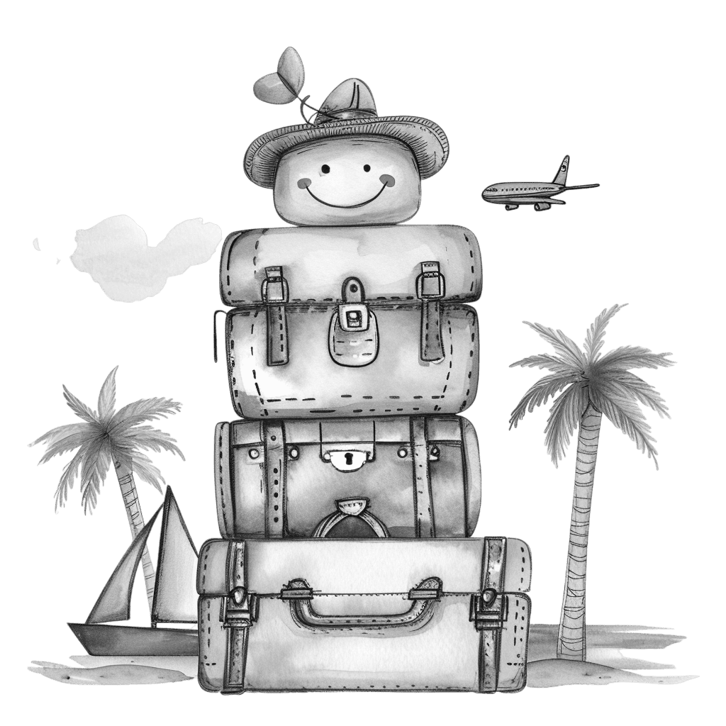 Black and White Vintage Luggage Watercolor Clipart