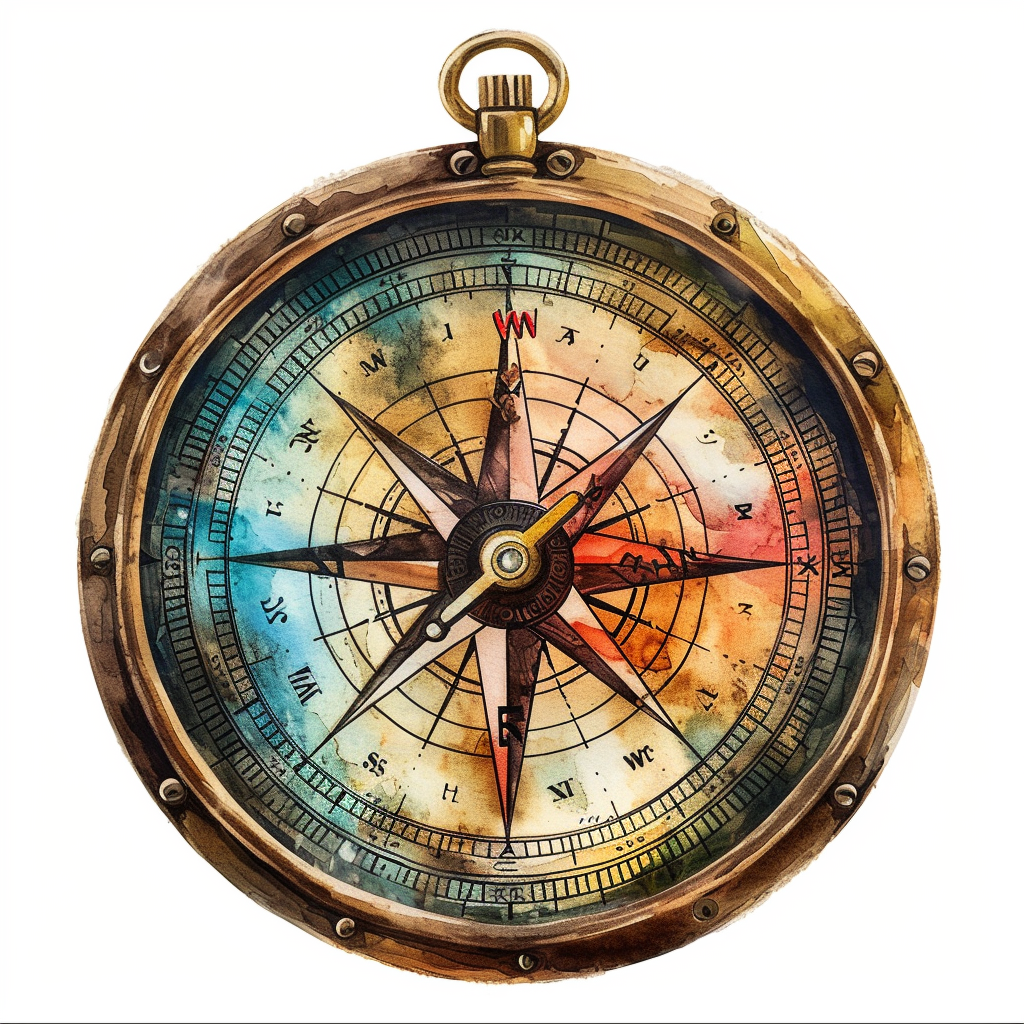 Vintage Watercolor Compass Clipart with White Background