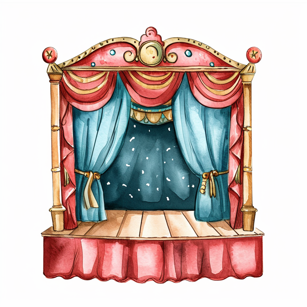 Watercolor Puppet Stage Clipart with White Background