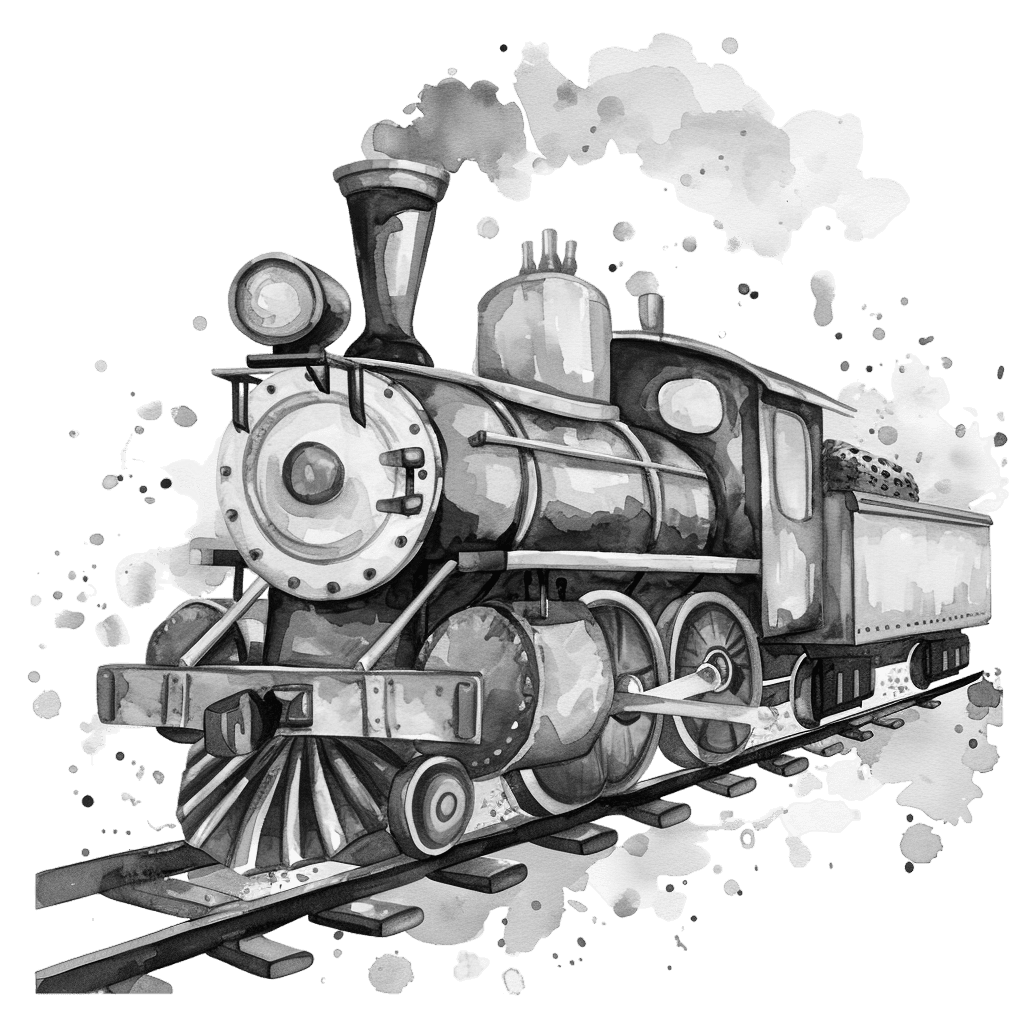 Black and White Vintage Watercolor Train Clipart