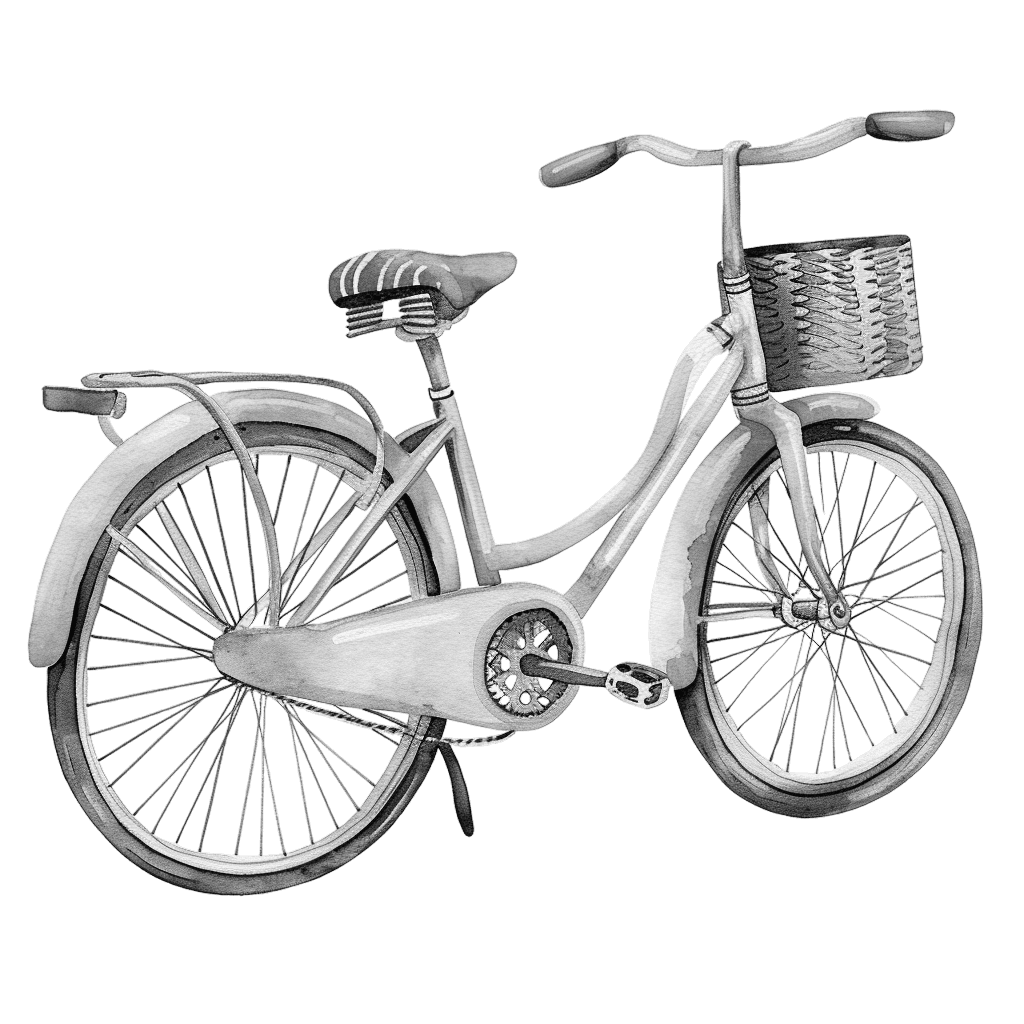 Black and White Vintage Pink Watercolor Bicycle Clipart