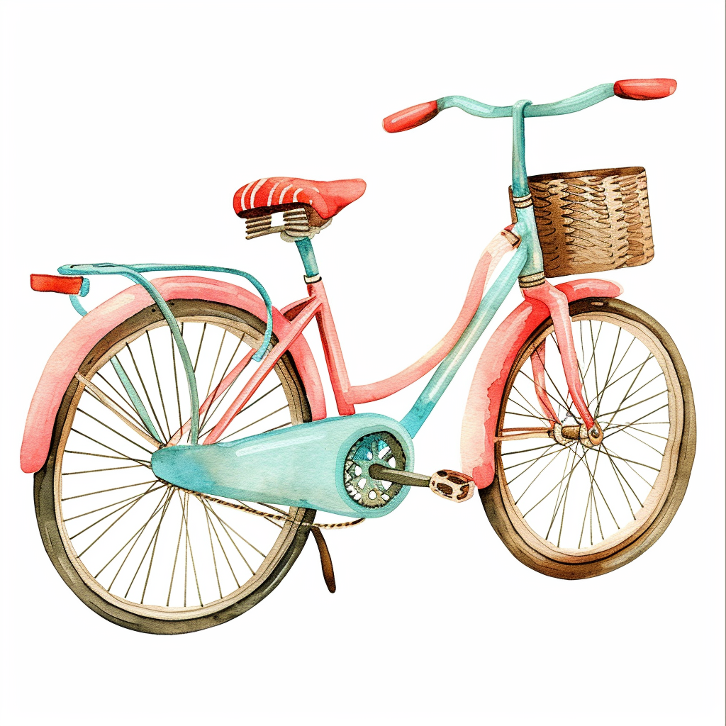 Vintage Pink Watercolor Bicycle Clipart with White Background