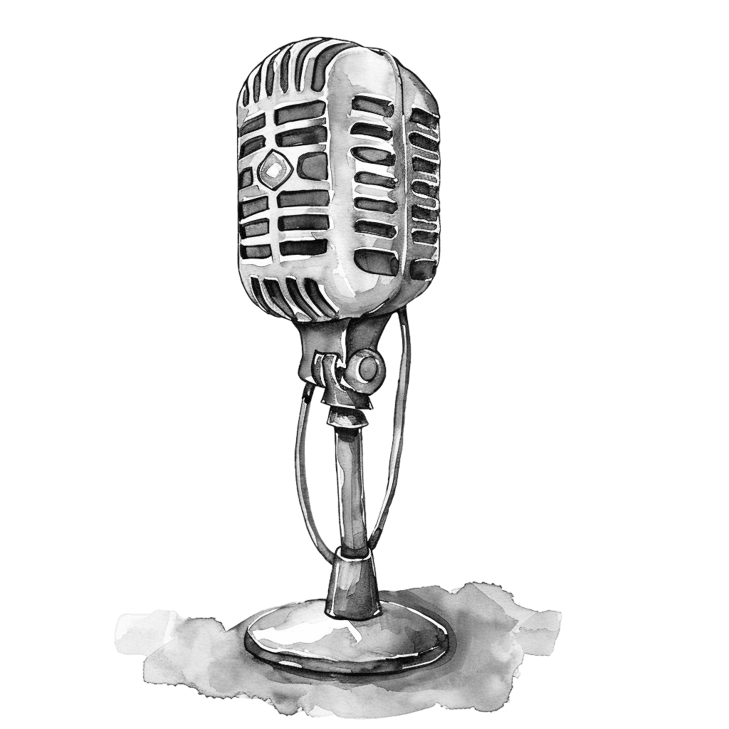 Black and White Vintage Retro Microphone Watercolor Clipart