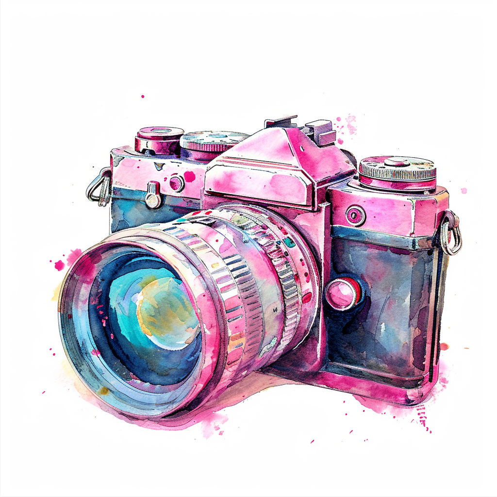 Pink Watercolor Vintage Camera Clipart with White Background