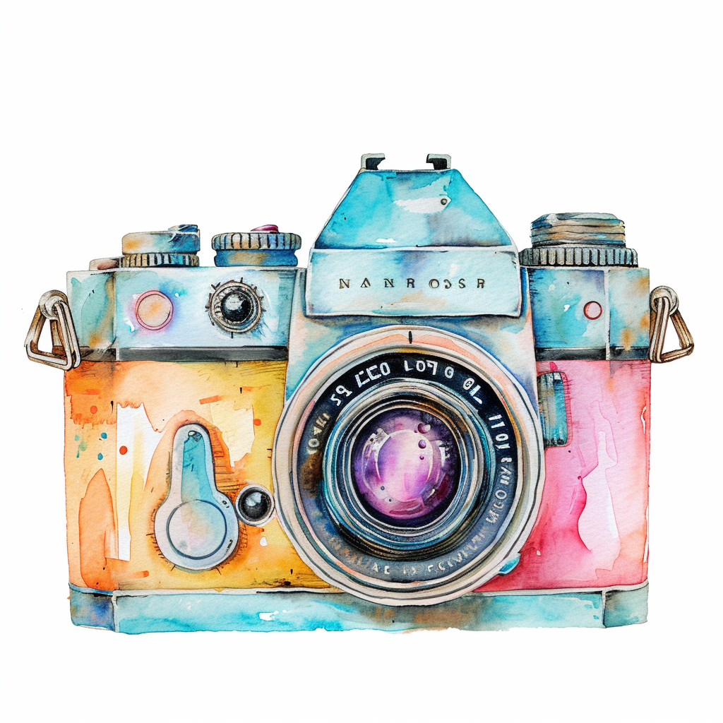 Vintage Watercolor Camera Clipart with White Background