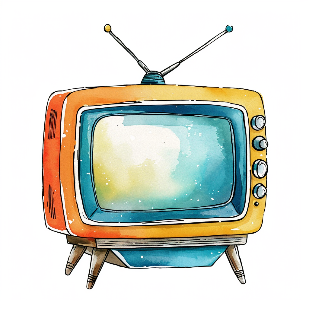 Vintage Retro Television Watercolor Clipart with White Background