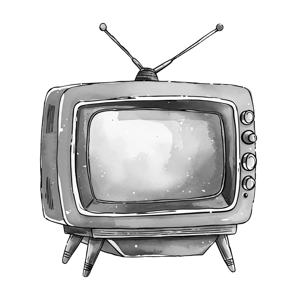 Black and White Vintage Retro Television Watercolor Clipart