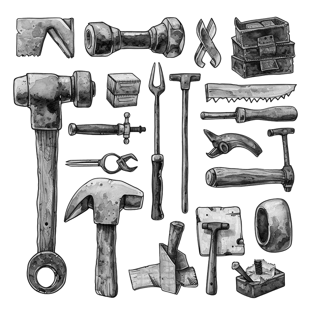 Black and White Vintage Hand Tools Watercolor Clipart