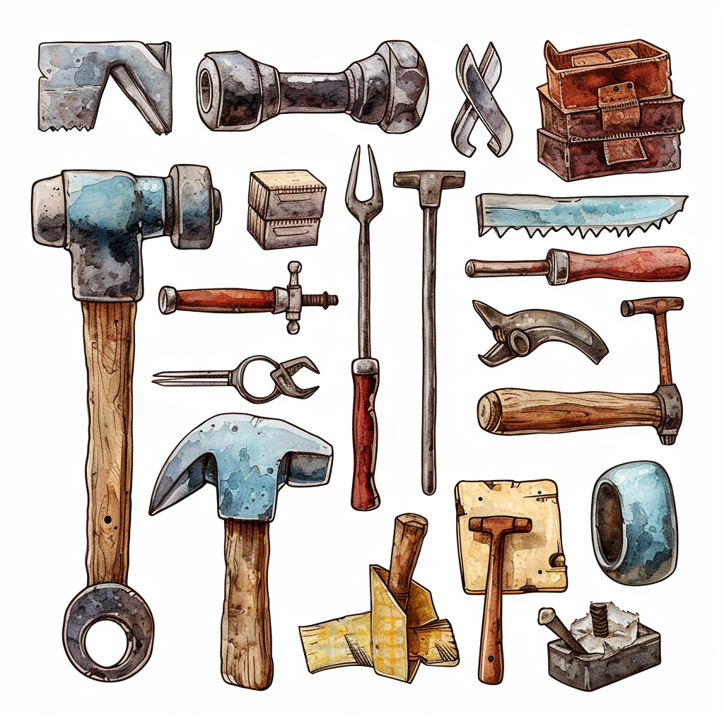 Vintage Hand Tools Watercolor Clipart with White Background